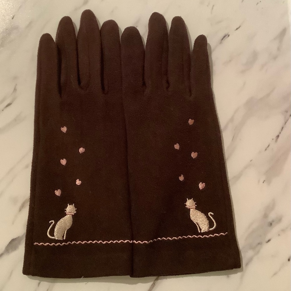 EUC cats hearts fleece gloves